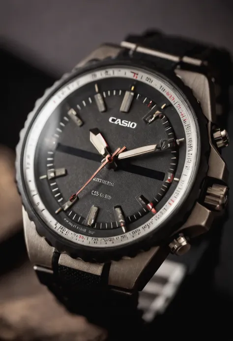 Casio watch in the box with dark background, longshot