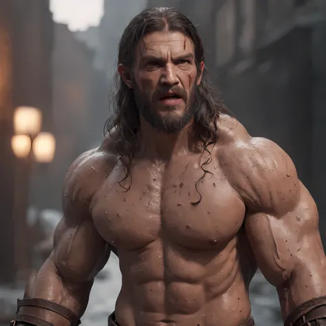 (professional 3d render:1.3) af (Realistic:1.3) most beautiful artwork photo in the world，Features soft and shiny male heroes, ((Epic hero fantasy muscle man rough wet hero angry looking long hair short beard and ferocious expression in dynamic pose, Fanta...