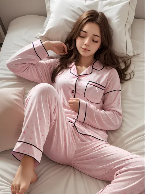 Sleeping girl, 22 years old, Realistic, Wear pink pajamas，Brown hair.，Expose legs and feet --auto --s2