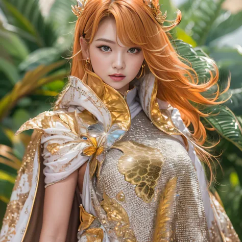 32K（tmasterpiece，k hd，hyper HD，32K）Short flowing light orange hair，Gold jewelry area in the back room，Womens Oversized Floor ，Silver Gold Dragon Protector （realisticlying：1.4），Python pattern robe，Purple-pink tiara，Golden foam flutters，Snow red marble backg...