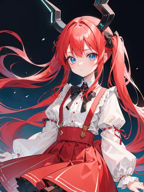 {{best quality}}, {{masterpiece}}, {{ultra-detailed}}, {illustration}, {detailed light}, red hair,blue eyes,twintails,lolita,Suspenders skirt,Fantastic,loli,solo,Dragon horns,little girl,long hair