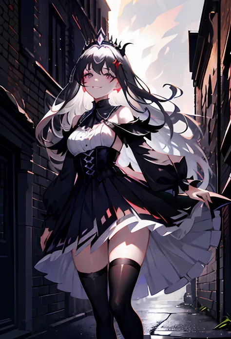 1 girl, witch, wearing a tiara, wallpaper, whole picture, grey skies background, dark picture, dark alley in background, ruined wall background, asymmetric hair, boob window, black thigh_highs, grey hair, multicolored hair, long hair, medium breasts, psych...