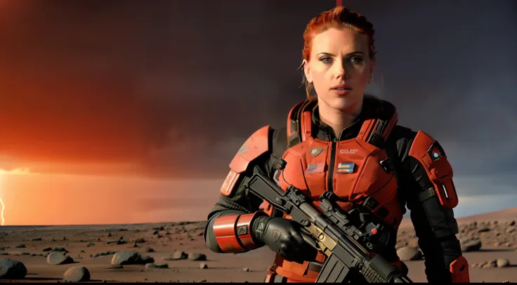 (8k, RAW photo, best quality, highres: 1.2), (realistic, photorealistic: 1.37), full body shot of Scarlett Johannsen holding a gun on Mars as a mass effect soldier in a futuristic outfit, (wielding a high-tech weapon), red hair, (off center), with a determ...