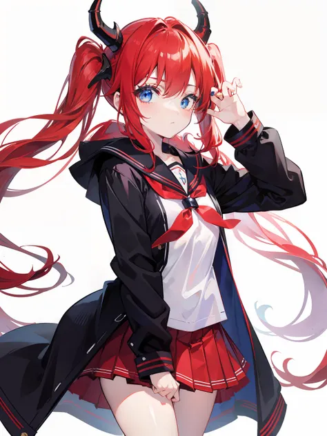 red hair, blue eyes, twintails, Sailor suit,black coat, Dragon horns,Pleated skirt,solo,loli,cute,bow