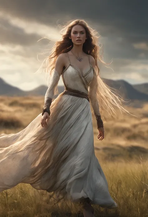 Girl galloping in a thoroughbred across the meadow、large grassland、long hair flowing with the wind、Full nudity, perfect anatomy of balance, Photorealsitic、realisitic、RAW Photography、​masterpiece、top-quality、hight resolution、Highly detailed CG Unity 8k wall...