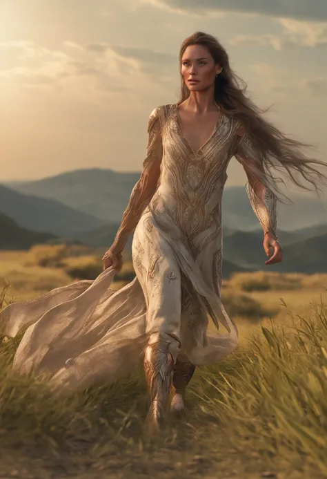 Girl galloping in a thoroughbred across the meadow、large grassland、long hair flowing with the wind、Full nudity, perfect anatomy of balance, Photorealsitic、realisitic、RAW Photography、​masterpiece、top-quality、hight resolution、Highly detailed CG Unity 8k wall...