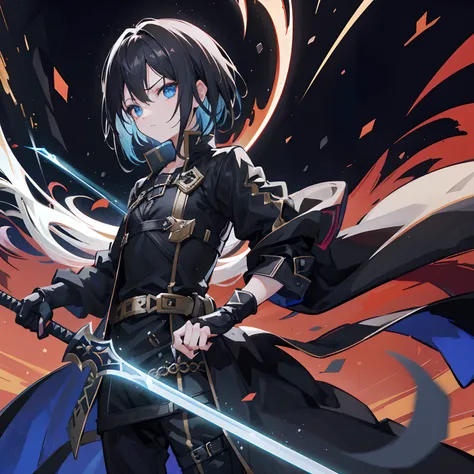 {{{boy}}} {solo} with dual sword in his back, one sword is in pure black and another sword is in golden color, full black dress, anime style, sword art online, red background, minimalistic, blue eyes, black hair, protagonist gun in both sides, {{with coat ...