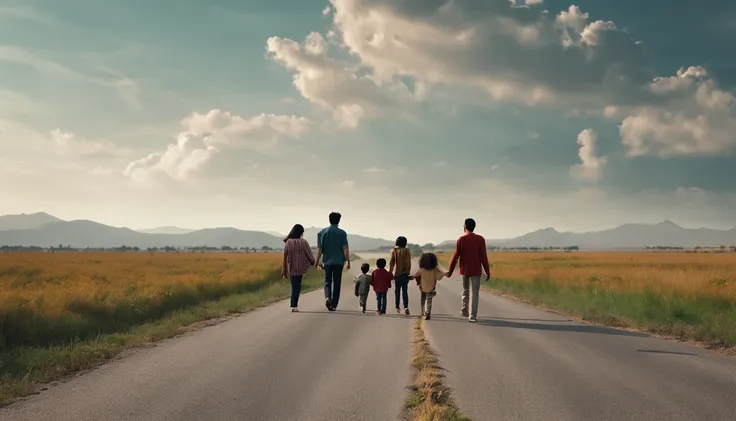 an asian family of four consists of four members: parents and two sons walking hand in hand on a long road leading to distant hills, few trees, high quality photos, real photos, super realistic , family near camera angle, taken with Canon EOS 5D, ((full bo...