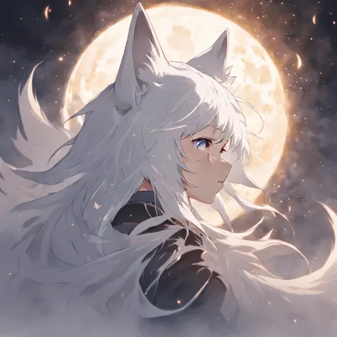 Anime character with white hair and white wolf before the full moon, fantasy fox love, White-haired fox, white fox anime, Anime fantasy illustration, White fox, art of silverfox,Best quality, Masterpiece, 超高分辨率, (photograph realistic:1.4), ultra-realistic ...