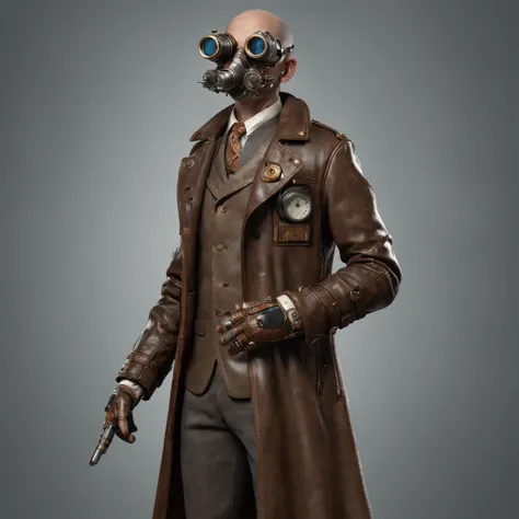 Character concept art for steampunk inventor of a robotic arm，Wear goggles and a leather trench coat，Detailed digital painting with a focus on texture and materials。