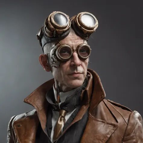 Character concept art for steampunk inventor of a robotic arm，Wear goggles and a leather trench coat，Detailed digital painting with a focus on texture and materials。