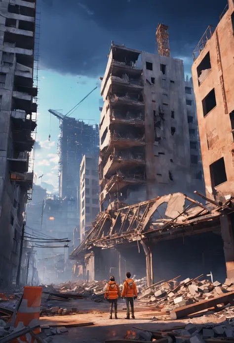 There is a picture of a construction site，There is a construction crane, created in unreal engine 5, made in unreal engine 5, destroyed city in background, Render in Unreal Engine 5, unreal engine 5 digital art, hyper-realistic environment, outdoors ruined...