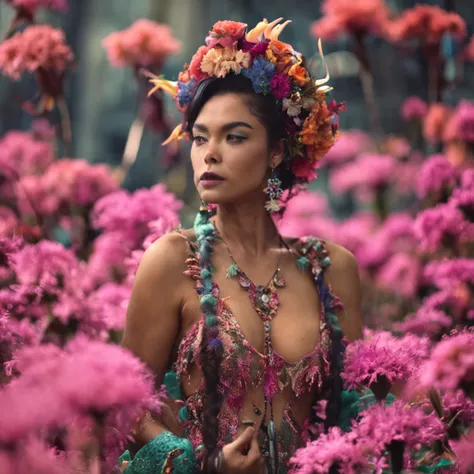 asiatica bonita, sexy, Uma jovem mulher com uma coroa de louros, adornado com flores.