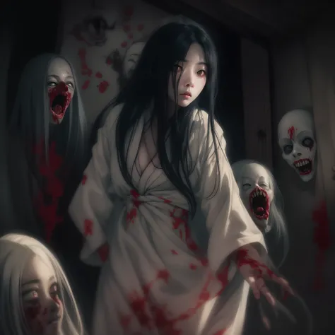 Ju-on the grudge, Kayako, age 30, milf, mature woman,yurei, crawling on the floor of a dimly lit attic:1.4, shocked face, bloody eyes, with ghostly figures lurking in the shadows and eerie portraits that seem to watch her every move.