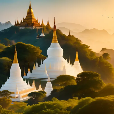 Vector art landscape of Myanmar, white pagoda and monastery on the hill, intricate image by Charles Angrand