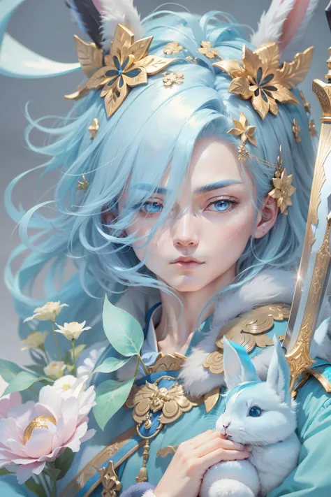 light blue hair, kanzashi, A golden halo behind him, Hold a sword in one hand, China-style, rabbit ears, expressionless, half-closed eyes, close-up, super detail, ccurate, best quality, 16k