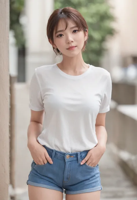 arafed woman in a white shirt and blue shorts posing for a picture, shorter pants, very short pants, in shorts and t-shirt, is wearing a shorts, 2 4 year old female model, short jeans pants, chiho, Casual clothes, Short legs, denim short, full body cute yo...