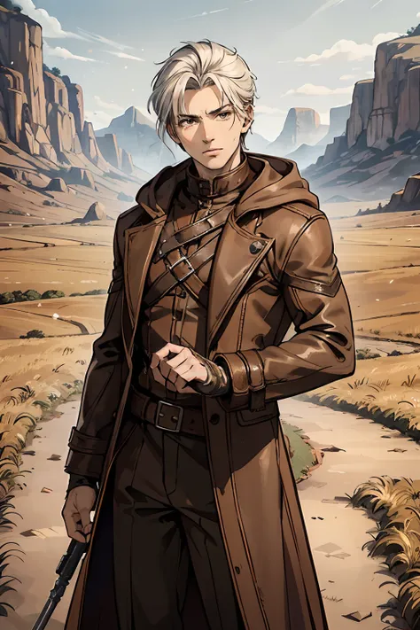 brown Leather Hood, open coat, poor clothing, brown clothing, young adault, 20 years, muscular, short hair, white hair, brown eyes, detailed eyes. weapons under coat, unarmed, tall, strong, scars, detailed hands, masterpiece, dirt path background, fields b...