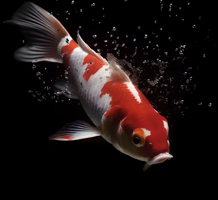 there is a fish that is swimming in the water, floating koi fish, koi fishes, koi fish floating in space, Koi, Fish swimming, floating goldfish, koi fishes, gold fish, fish swimming around, koi colors, golden fish in water exoskeleton, diego koi, high spee...