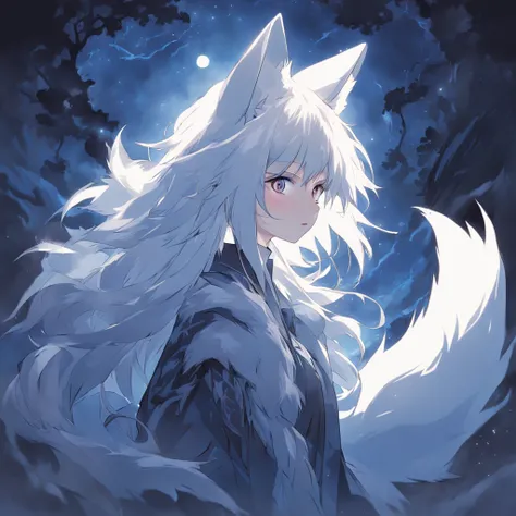 (An anime girl with white hair and fox ears before the full moon:1.5), fantasy fox love, White-haired fox, white fox anime, Anime fantasy illustration,(dark forest background，Blue transparent smoke surrounds)，(There is a huge white nine-tailed fox beside h...