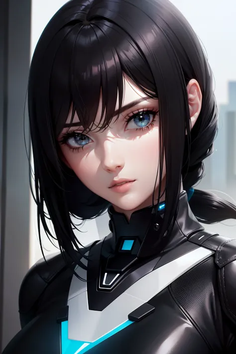 Beautuful Women，beauitful face，black color hair，Black and white mech on the back，Cool styling，Realisticstyle， edge lit， twotonelighting，gentle illumination， high high quality，photore， A high resolution