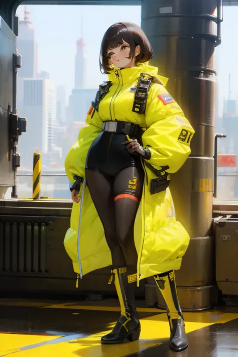 a woman in a yellow outfit and black boots stands in front of a city, cyberpunk art by Kim Hong-do, cgsociety, retrofuturism, cgsociety 9, full body cgsociety, worksafe.cgsociety