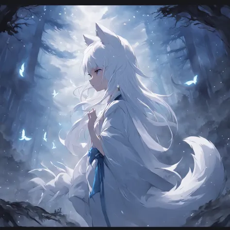 (There is a huge white nine-tailed fox next to the anime girl with white hair fox ears before the full moon:1.5), fantasy fox love, White-haired fox, white fox anime, Anime fantasy illustration,(dark forest background，Blue transparent smoke surrounds:1.8),...