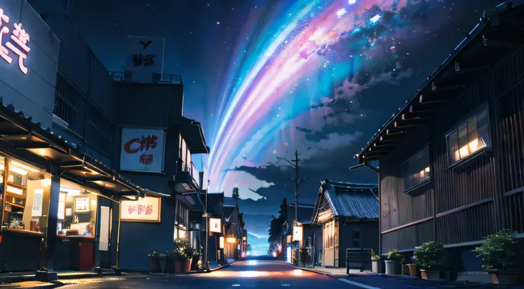 High quality, High detail, Bright starry sky, Japon, ville, rue,emits a dazzling CG Art 8K light, wallpaper