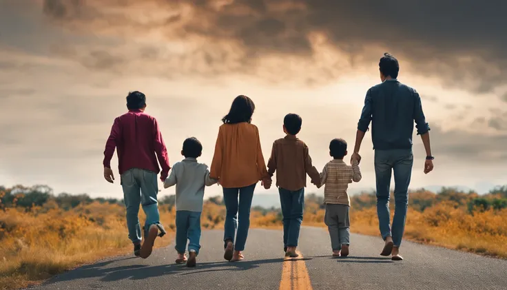 an asian family of four consists of four members: parents and two sons walking hand in hand on a long road leading to distant hills, few trees, high quality photos, real photos, super realistic , family near camera angle, taken with Canon EOS 5D, ((full bo...