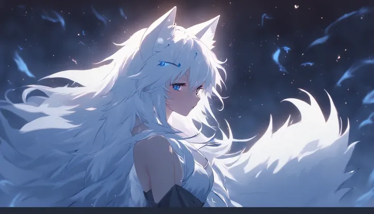 (Next to the anime girl with white fur fox ears before the full moon is a huge white nine-tailed fox:1.5), fantasy fox love, White-haired fox, white fox anime, Anime fantasy illustration,(dark forest background，Blue transparent smoke surrounds:1.8), art of...