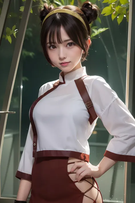 1girl, tenten in anime naruto, short hair, sexy dress, brown hair, yellow eyes, smile, beautiful, white and red clothes, very big breast, sexy clothes, realistic clothes, detail clothes, indoor wallpaper, wallpaper realistic, wallpapaer detail, indoor back...