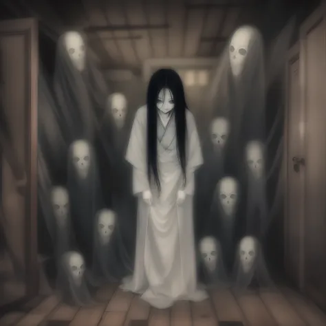 Ju-on the grudge, Kayako, age 30, milf, mature woman,yurei, crawling on the floor of a dimly lit attic:1.4, (faceless:1.4), with ghostly figures lurking in the shadows and eerie portraits that seem to watch her every move.