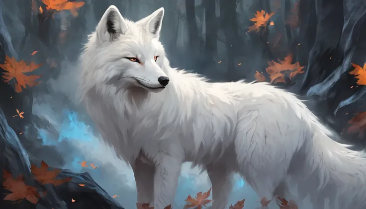 (Next to the anime girl with white fur fox ears before the full moon is a huge white nine-tailed fox:1.5), fantasy fox love, White-haired fox, white fox anime, Anime fantasy illustration,(dark forest background，Blue transparent smoke surrounds:1.8), art of...