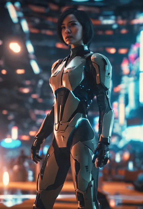 ((Best quality)), ((masterpiece)), (detailed:1.4), cute , lean body, 25 year old, japanese woman, slick short hair, black hair, side parting, floppy hair, beautiful, science fiction, space uniform, futuristic, photography, movie scene, horror movie scene,s...