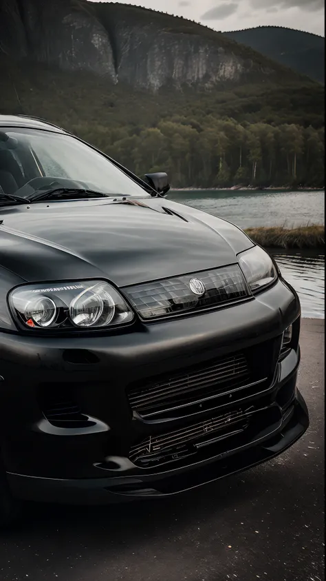 a close up of a black sports car parked in front of a body of water, black car, automotive photography, vehicle photography, black on black, car photography, edited, portrait shot, matte black, cinematic front shot, all black matte product, front profile s...