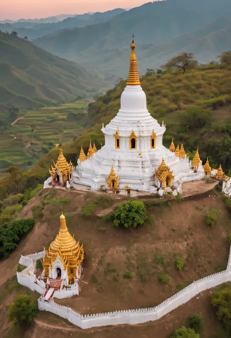 landscape of Myanmar, white pagoda and monastery on the hill, intricate image