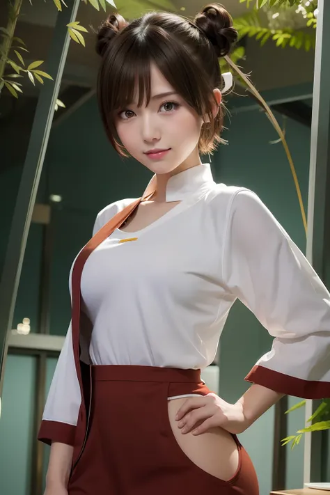 1girl, tenten in anime naruto, short hair, sexy dress, brown hair, yellow eyes, smile, beautiful, white and red clothes, very big breast, sexy clothes, realistic clothes, detail clothes, indoor wallpaper, wallpaper realistic, wallpapaer detail, indoor back...