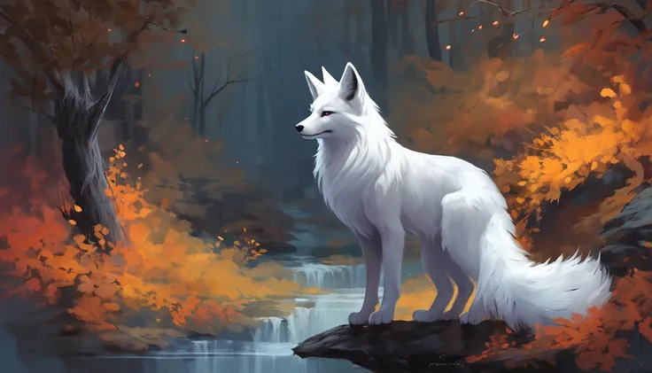 (Next to the anime girl with white fur fox ears before the full moon is a huge white nine-tailed fox:1.5), fantasy fox love, White-haired fox, white fox anime, Anime fantasy illustration,(dark forest background，Blue transparent smoke surrounds:1.8), art of...