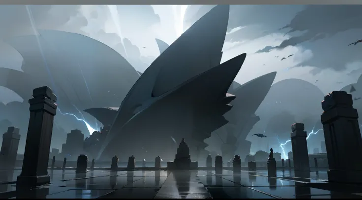 large scene，shores，Many stone pillars，Tidal，The gray sky is obscured by giant manta rays，violent storm，raiden，Solemn, eerie