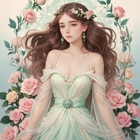 um desenho de uma mulher em um vestido branco cercado por rosas, No estilo de arte Bowater, Sem estilo Charlie Bowater, Alphonse Mucha e Rossdraw, Charlie Bowater Estilo de Arte, Estilo Charlie Bowater, Neoartcore e Charlie Bowater, Lois Ross, exquisite di...