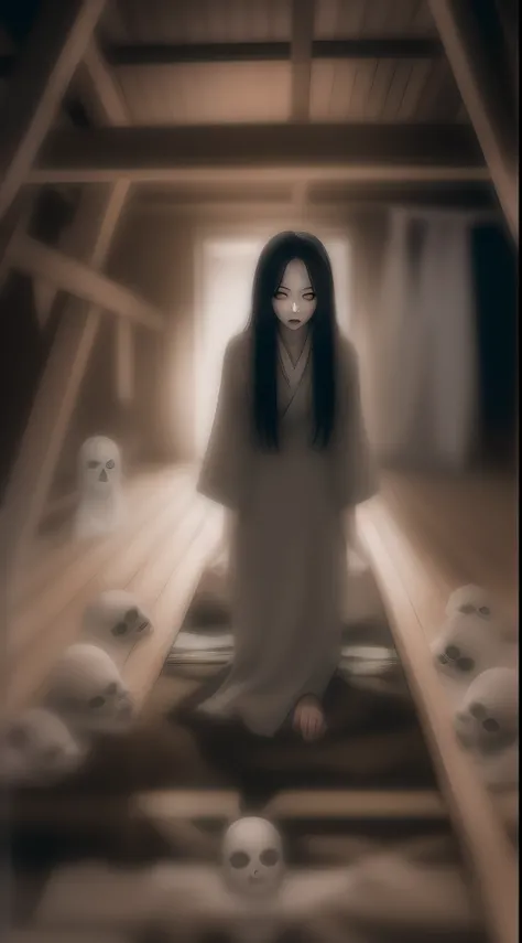 Ju-on the grudge, Kayako, age 30, milf, mature woman,yurei, (crawling on the floor of a dimly lit attic:1.4), (faceless:1.4), with ghostly figures lurking in the shadows and eerie portraits that seem to watch her every move.