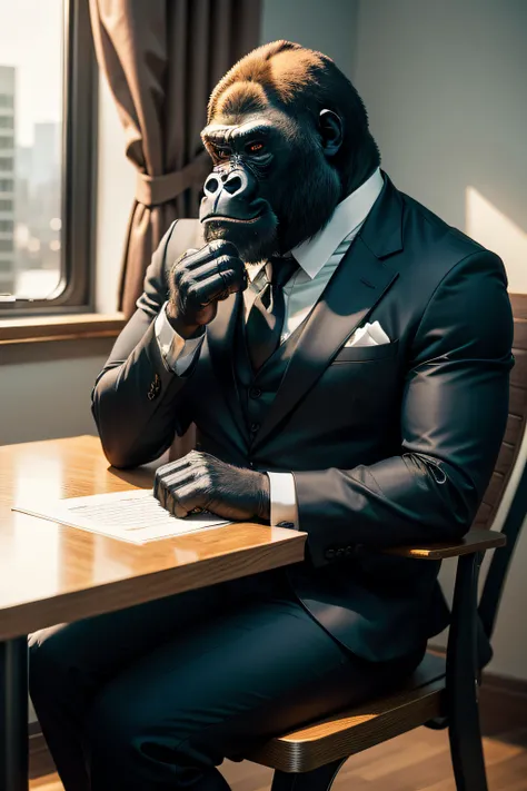 Gorilla in formal costume, sitting at the table, Works in the office, 真实感