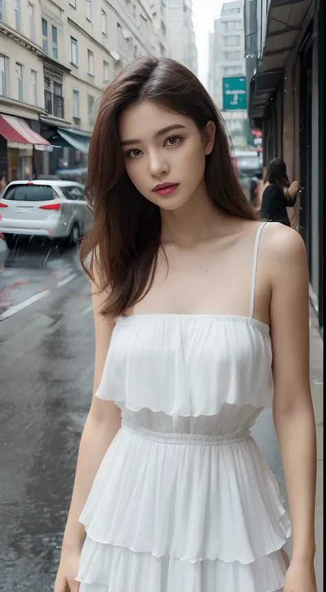 ((Best Quality, 8k, Masterpiece: 1.3)), Focus: 1.2, Perfect Body Beauty: 1.4, Buttocks: 1.2, ((Layered Haircut, Flat Chest: 1.2)), (Rain, Street:1.3), Bandeau Dress: 1.1, Highly Detailed Face and Skin Texture, Fine Eyes, Double Eyelids, Whitened Skin, Long...