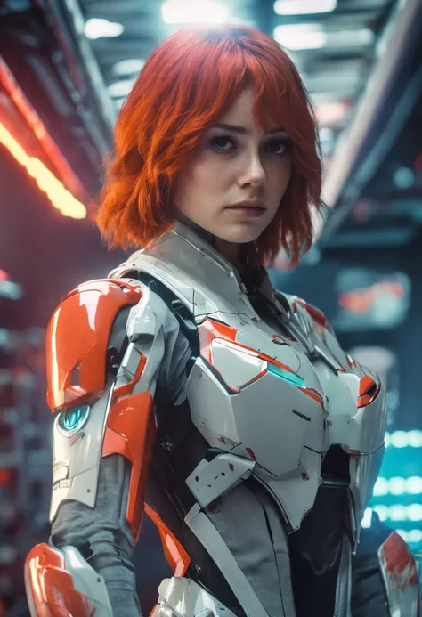 ((Best quality)), ((masterpiece)), (detailed:1.4), cute , lean body, 25 year old, Asuka Langley , red hair, side parting, floppy hair, beautiful, science fiction, space uniform, futuristic, photography, movie scene, horror movie scene,scifi movie,HDR ,NVID...