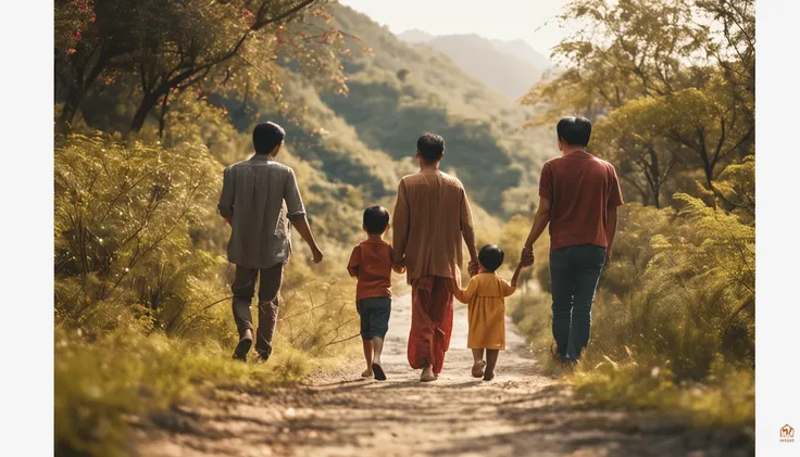 an asian family of four consists of four members: parents and two sons walking hand in hand on a long road leading to distant hills, few trees, high quality photos, real photos, super realistic , family near camera angle, taken with Canon EOS 5D, ((full bo...