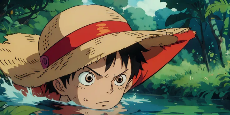 Luffy from one piece, luffy, green jungle, water, studio Ghibli style, smooth