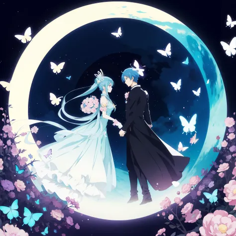 Anime couple on the moon with butterflies, anime wallaper, Beautiful anime, Beautiful anime style, ethereal anime, High-quality fanart, romanticism art style, official fanart, ✨🕌🌙, beautiful anime art style, Anime Pictures, hd anime wallaper, anime beautif...