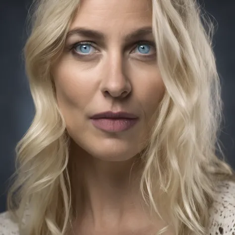 Make a picture of a beautiful white blonde woman in her twenties with blue eyes on a blank white background. Make her face expression curious and feared at the same time.