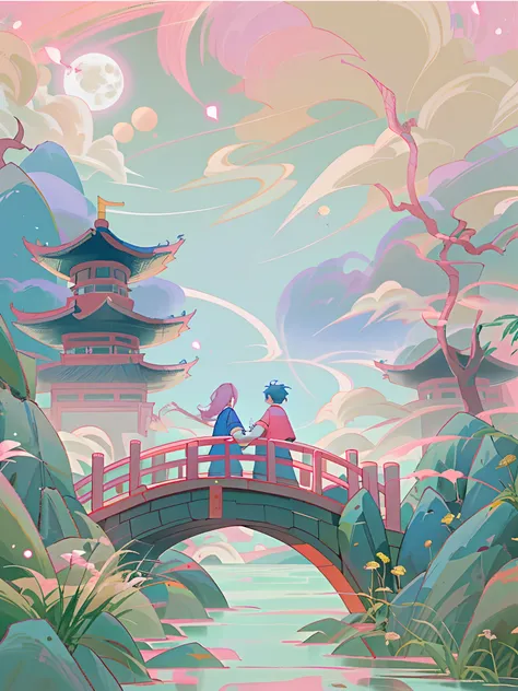 A boy and a girl meet on a bridge，Tanabata poster design pattern，Pink tones，Blue-purple，dreamy scenes，a warm color palette，Cloud arch bridge，the huge moon，fire works，starrysky，Magpie triangle composition，detail-rich，down view，Long shots，Chinese traditional...