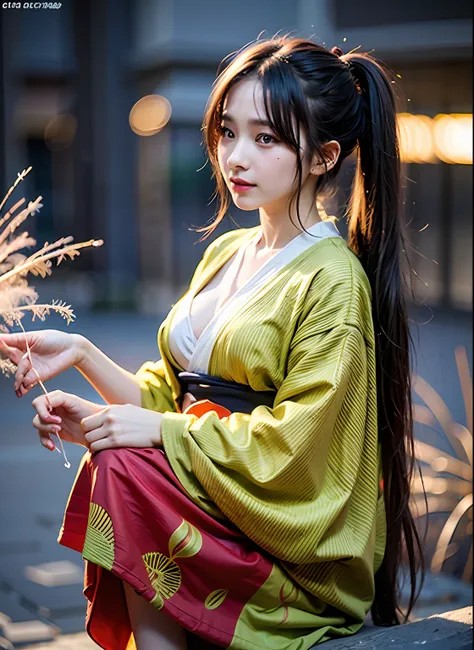 best、masutepiece、Ultra high image quality、((lowkey))、realisitic、full body Esbian、Stunning composition、1girl in、23years old、(Beautiful Face 1.4)、A slender、Kimono、Kimono with floral print、Crouching、sand beach、natta、Watch the fireworks、(Your face is illuminat...